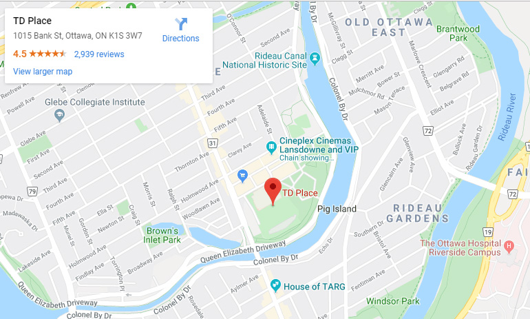 A google map of the location of the TD Place Arena in Ottawa, Ontario for the 2019 Eastern Regional Blind Hockey tournament