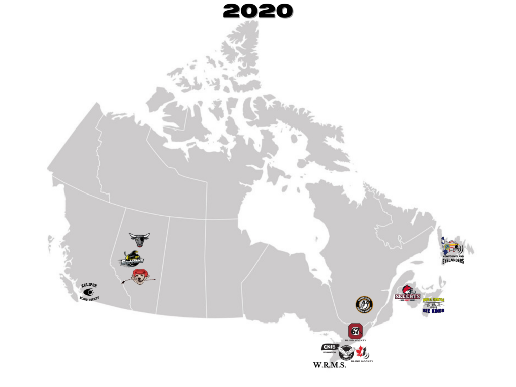 The map has all the blind hockey programs in canada with the programs logos 