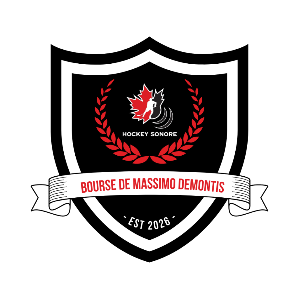Un logo en forme de blason avec un ruban en bas portant l'inscription Bourse Massimo DeMontis. Au-dessus, dans deux feuilles, se trouve le logo de Hockey pour aveugles du Canada. Estimé en 2025.